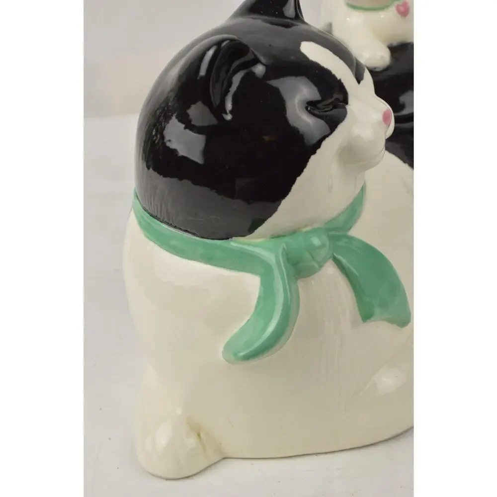 Vintage Tuxedo Cat Cookie Jar Mama Kitty w/ Baby Kitten Lid
